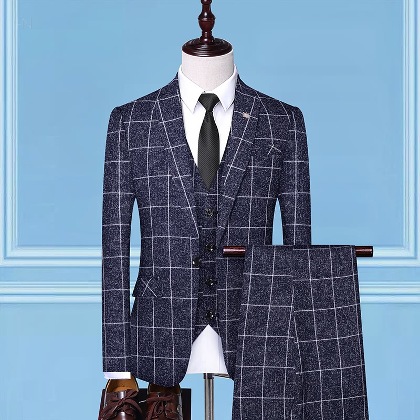 【M-4XL】ビジネスチェック柄折り襟スーツジャケット+ボタンVネックベスト+メンズスラックスセット