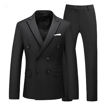 【M-6XL】フォーマルな印象ビジネスダブルブレスト長袖スーツジャケット+無地メンズパンツセット