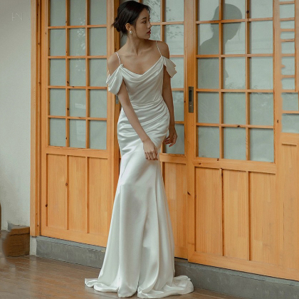 【XS-XL】フランス式フェミニン無地キャミソールスリム韓国スタイルウエディングドレス