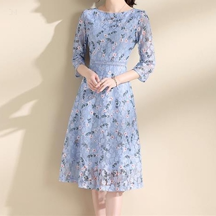 【XL-4XL】ハイウエスト プリント ラウンドネック Aライン 七分袖 韓国系ドレス