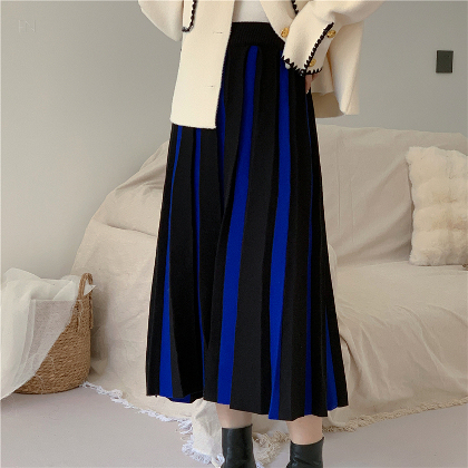 シンプル ファッション ギャザー ハイウエスト 配色 プリーツスカート