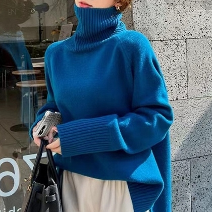 シンプルファッション韓国系ハイネックプルオーバースリットセーター