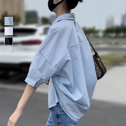 S-XL五分袖ファッションシンプル春夏折り襟シングルブレストシャツ