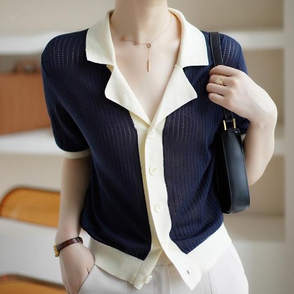 トレンドアイテム シンプル 半袖 配色 シングルブレスト 折り襟 Tシャツ